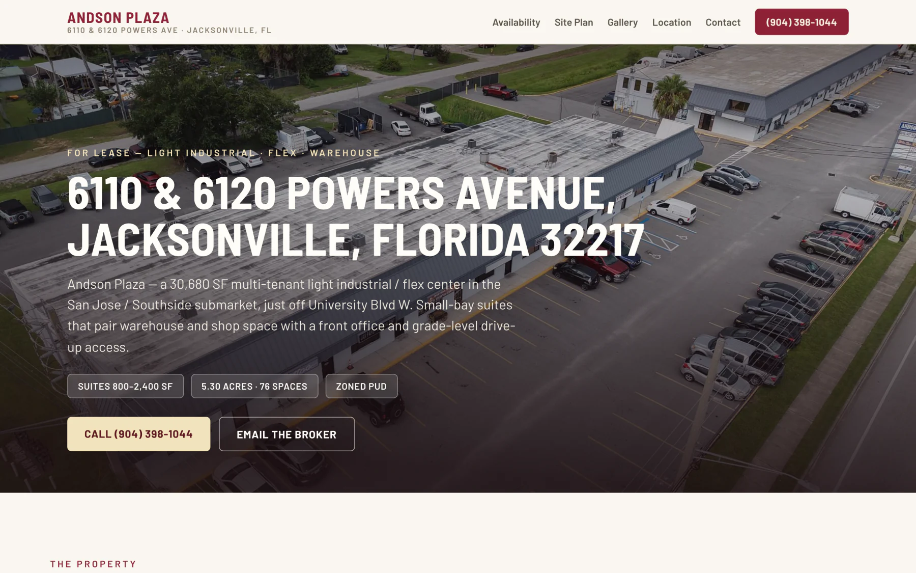 The Andson Plaza leasing site, showing the property address in Jacksonville, Florida above a section for small-bay light industrial and flex space.
