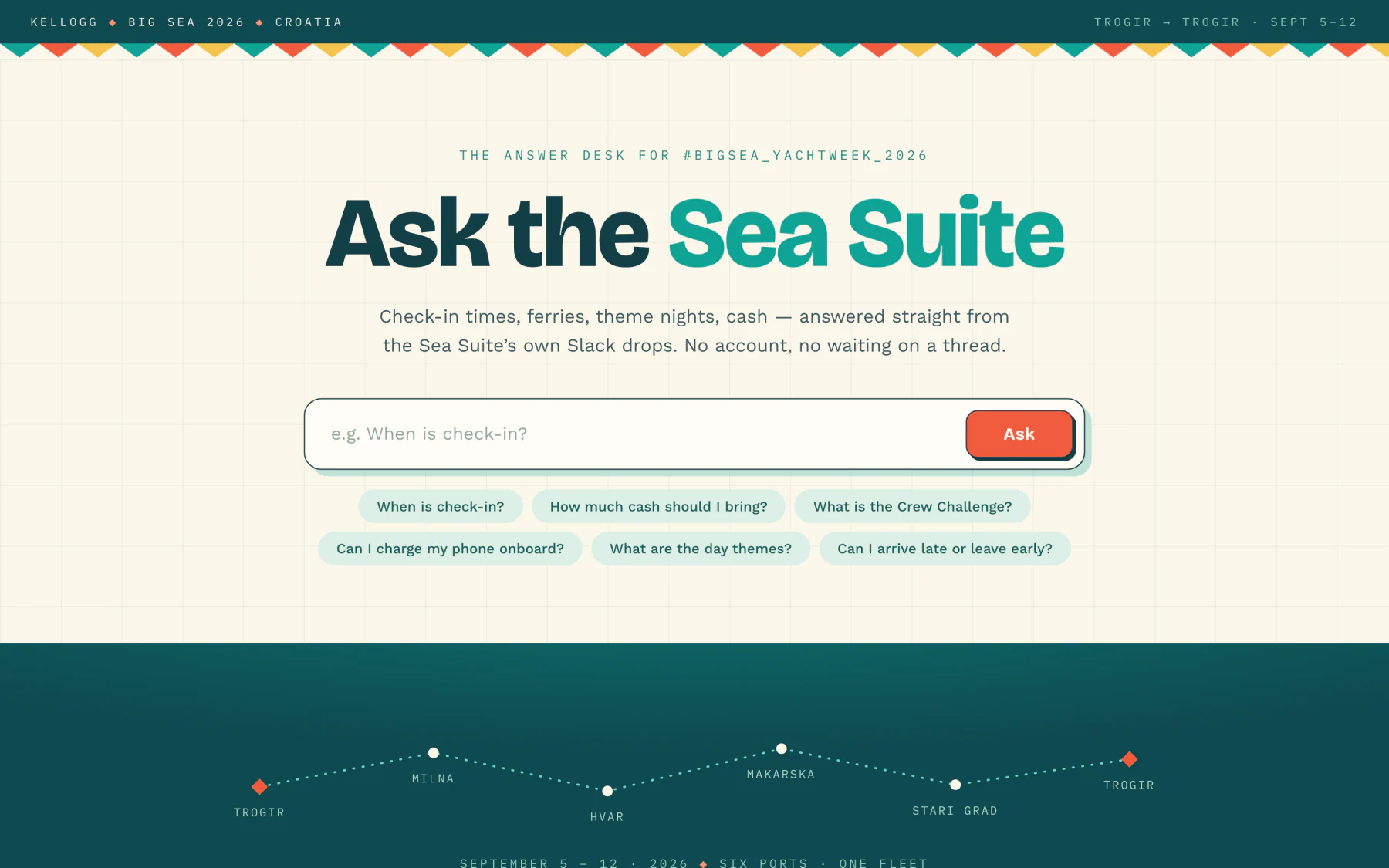 The 'Ask the Sea Suite' chat page for a 2026 group sailing trip, with suggested questions about check-in times and how much cash to bring.