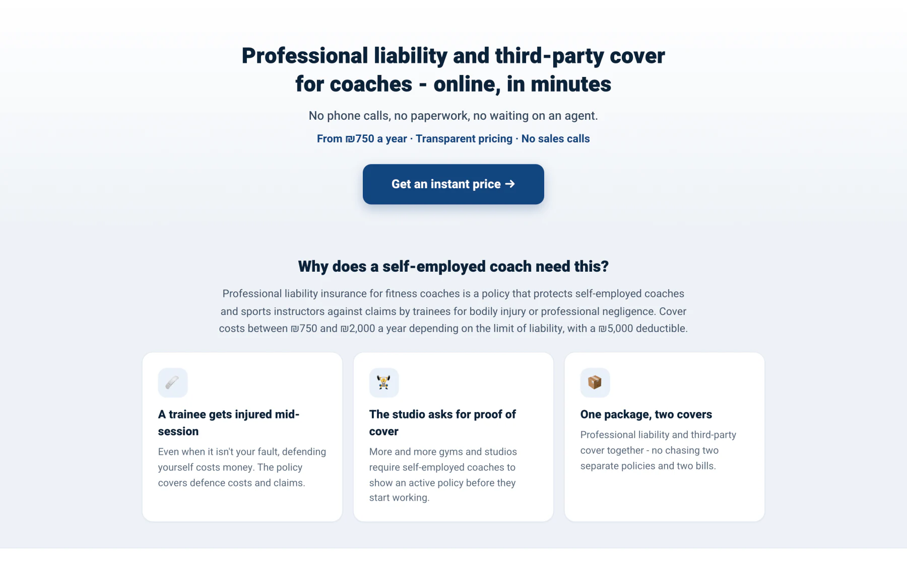 An anonymised insurance quote page headlined 'Professional liability and third-party cover for coaches - online, in minutes', with a call to action to get an instant price.