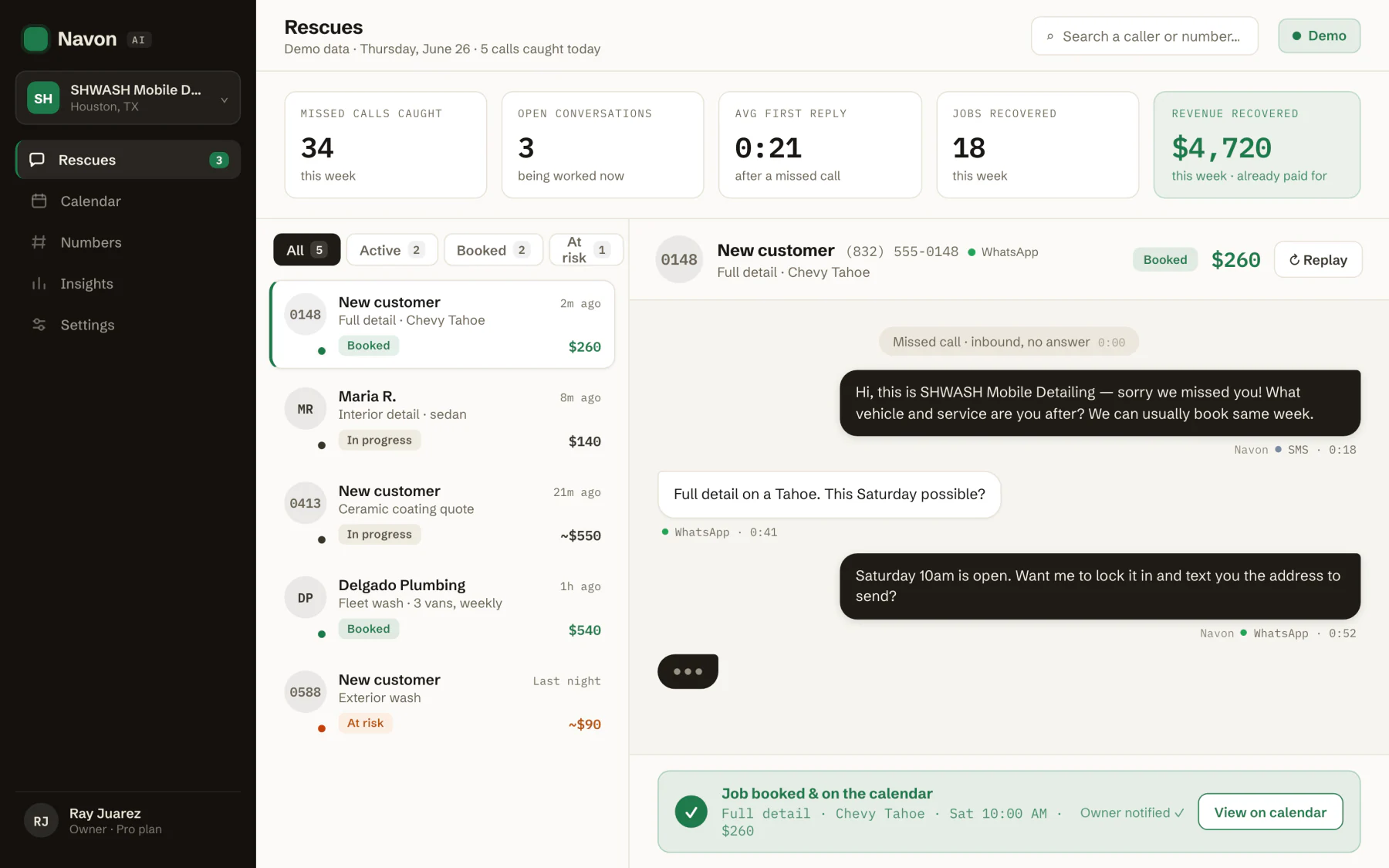 The Navon Rescues dashboard: counters for missed calls caught, open conversations and jobs recovered, a list of callers, and a text conversation that ends in a booked job.