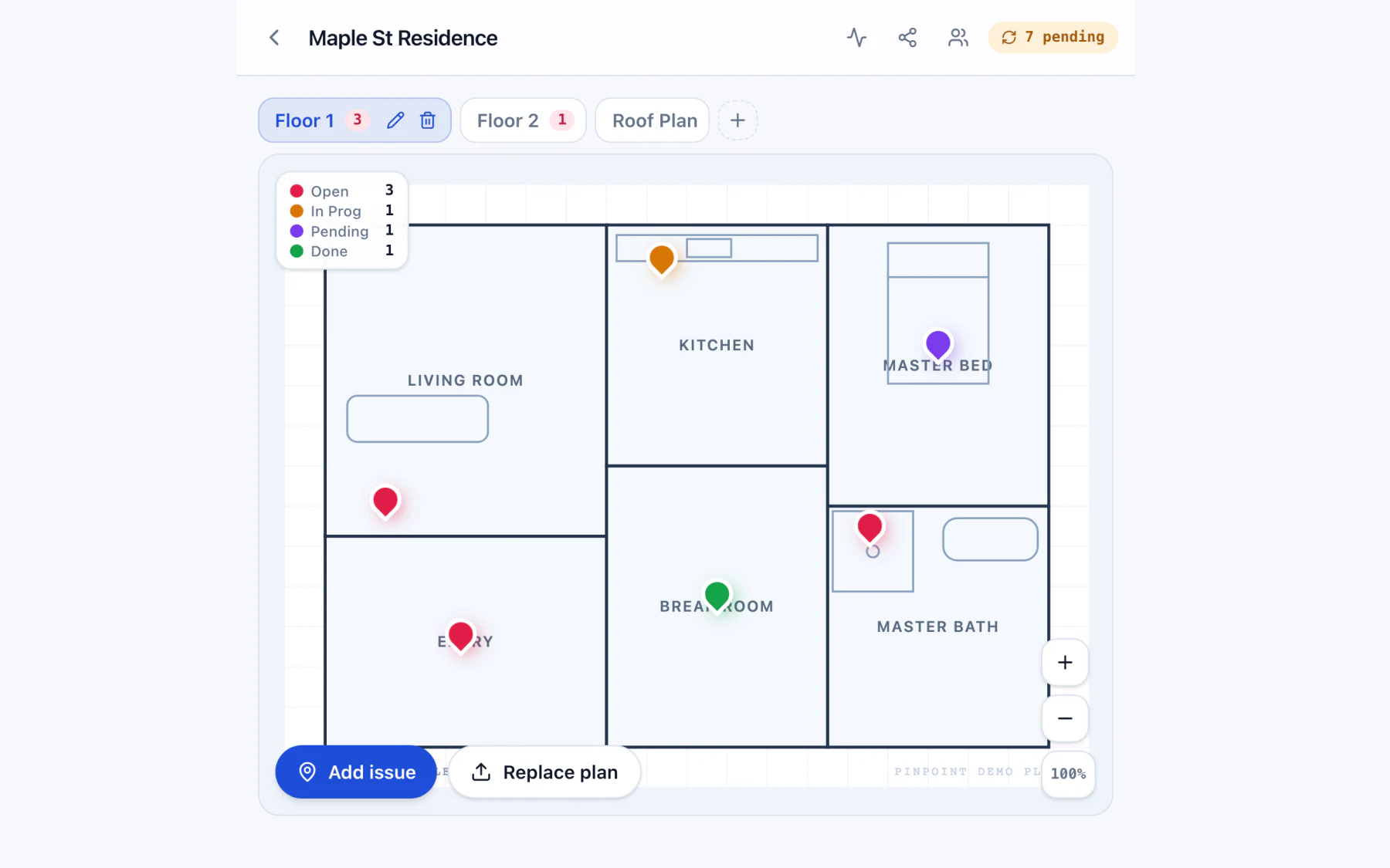 The PinPoint app showing a floor plan for Maple St Residence with coloured issue pins dropped on rooms, and a legend counting open, in-progress, pending and done items.