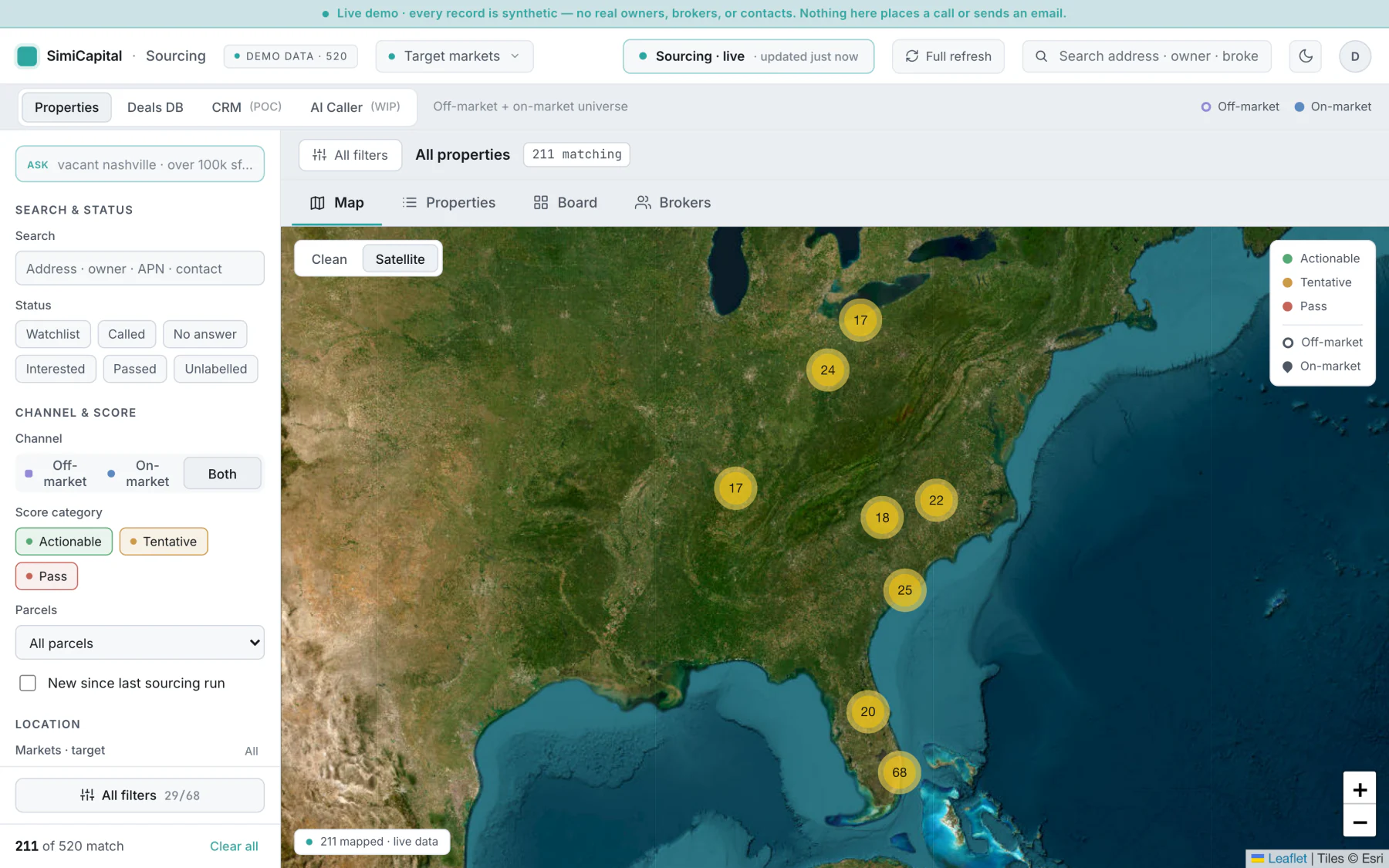 A property sourcing console: a filter rail for markets, status and score, beside a satellite map of the eastern United States clustered with numbered property pins.